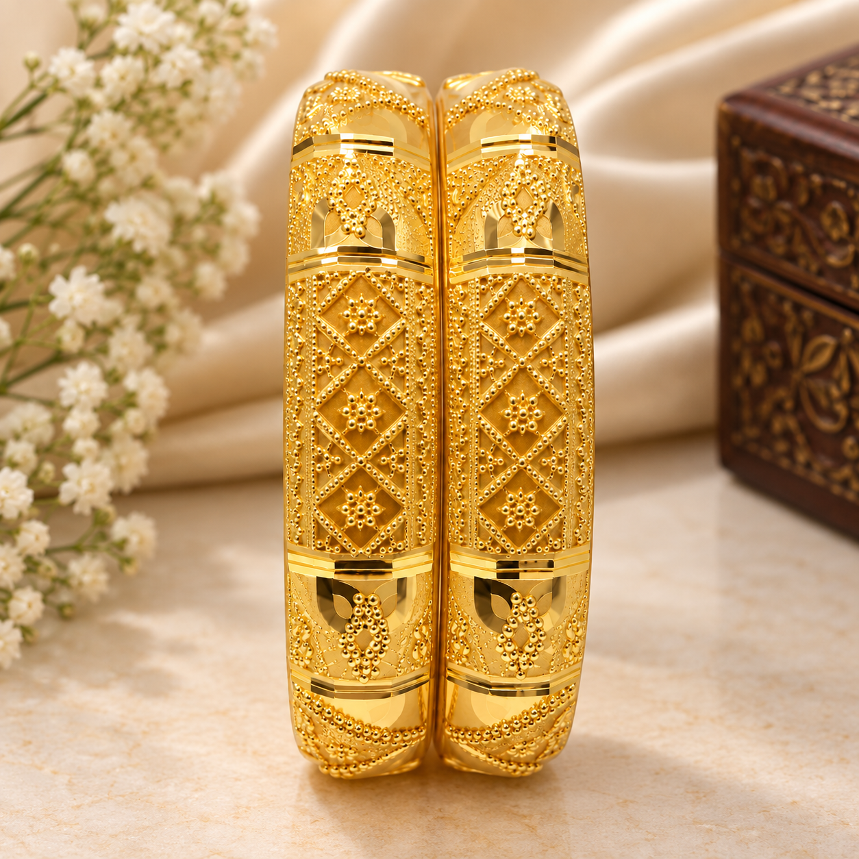Nakoda Jewellers Intricate Floral Lattice Gold Bangles - Image 2