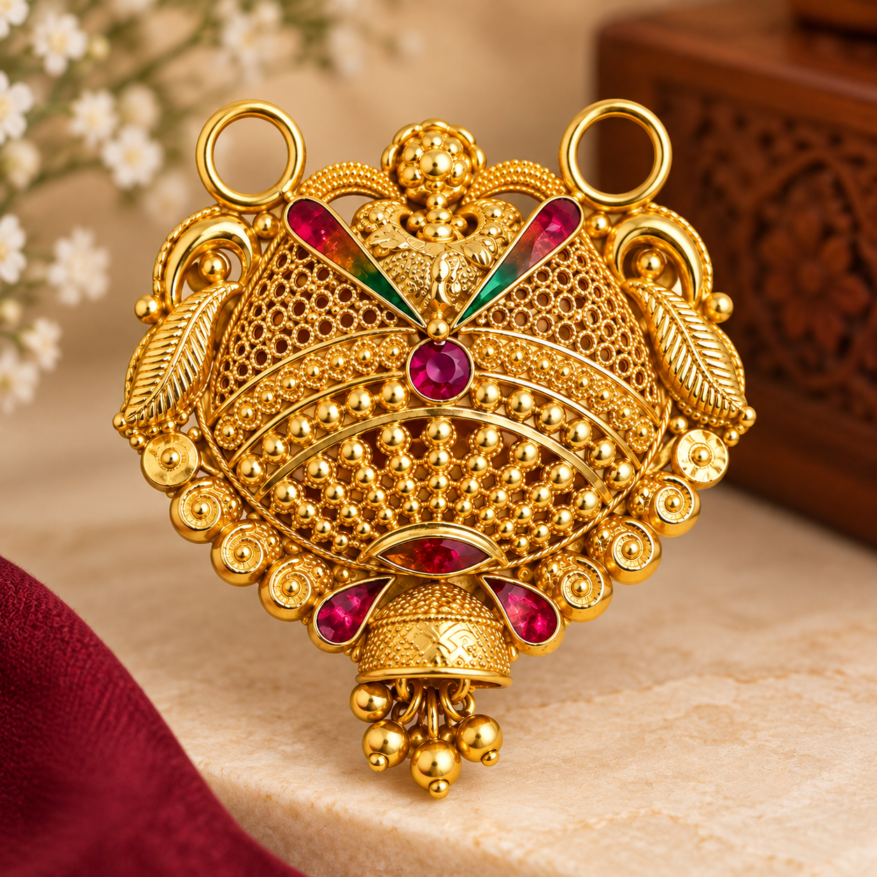 Nakoda Jewellers Royal Multicolour Filigree Gold Pendant - Image 2