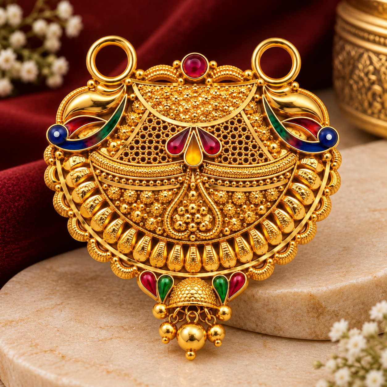 Nakoda Jewellers Peacock & Floral Multicolour Gold Pendant - Image 2