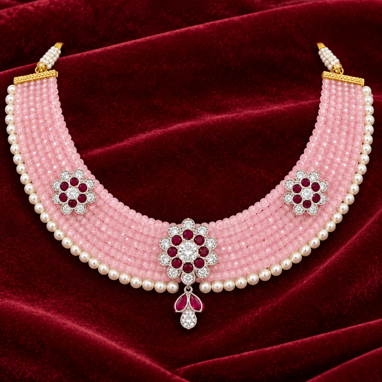 Nakoda Jewellers Pink Beaded Floral Necklace - Image 2
