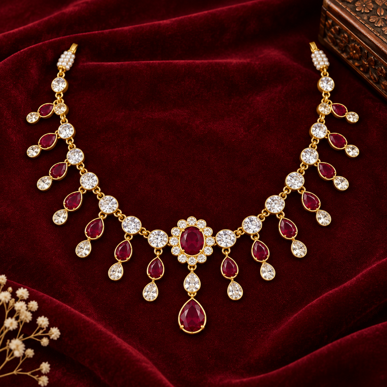 Nakoda Jewellers Maroon & Crystal Floral Necklace - Image 2