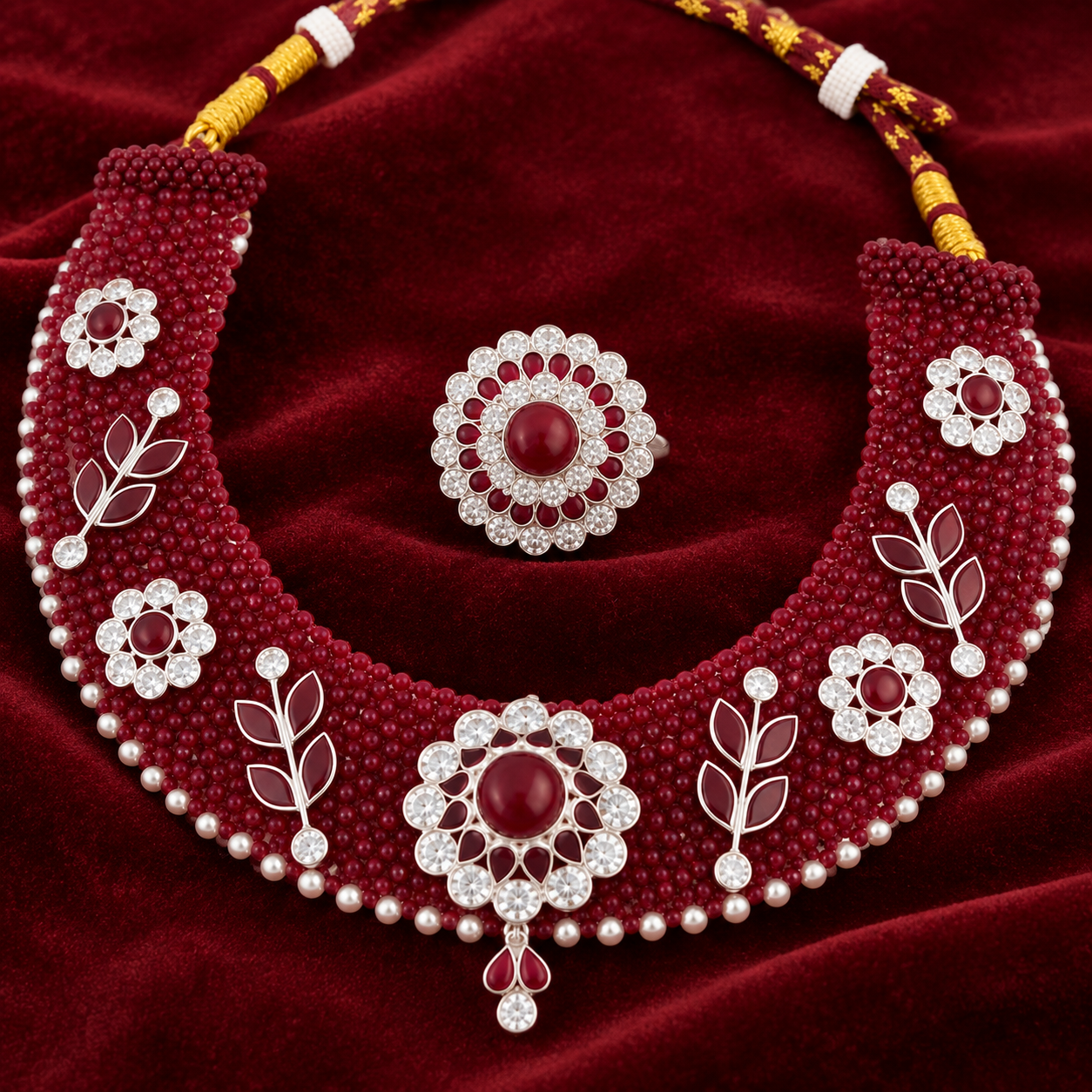 Nakoda Jewellers Maroon Beaded Floral & Leaf Statement Necklace with Matching Finger Ring Set - Image 2