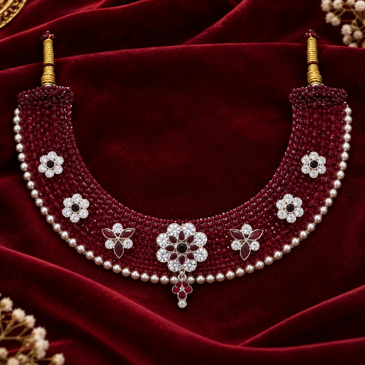 Nakoda Jewellers Maroon Beaded Floral & Leaf Statement Necklace - Image 2
