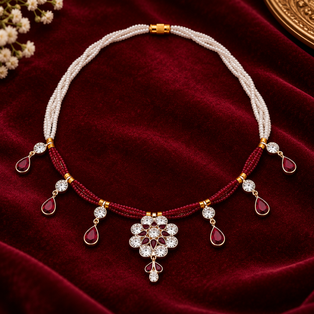 Nakoda Jewellers Maroon & White Beaded Floral Drop Necklace - Image 2