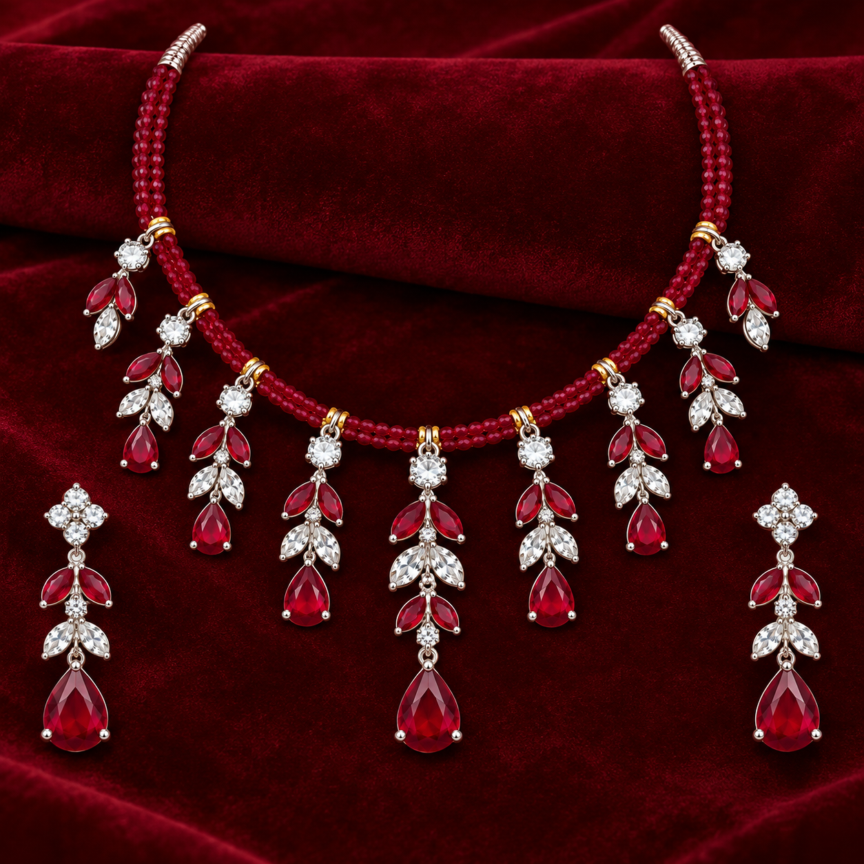 Nakoda Jewellers Elegant Red Beaded Leaf Drop Necklace Set with Stone Detailing - Image 2
