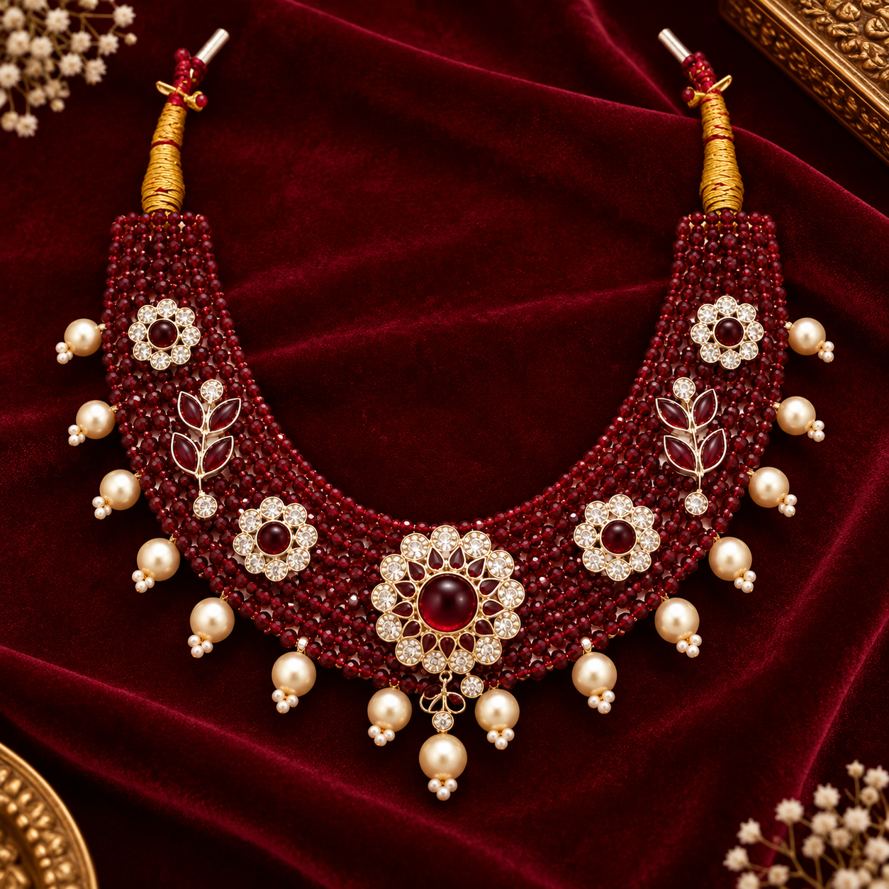 Nakoda Jewellers Royal Maroon Beaded Floral Necklace Set with Stone & Pearl Detailing - Image 2