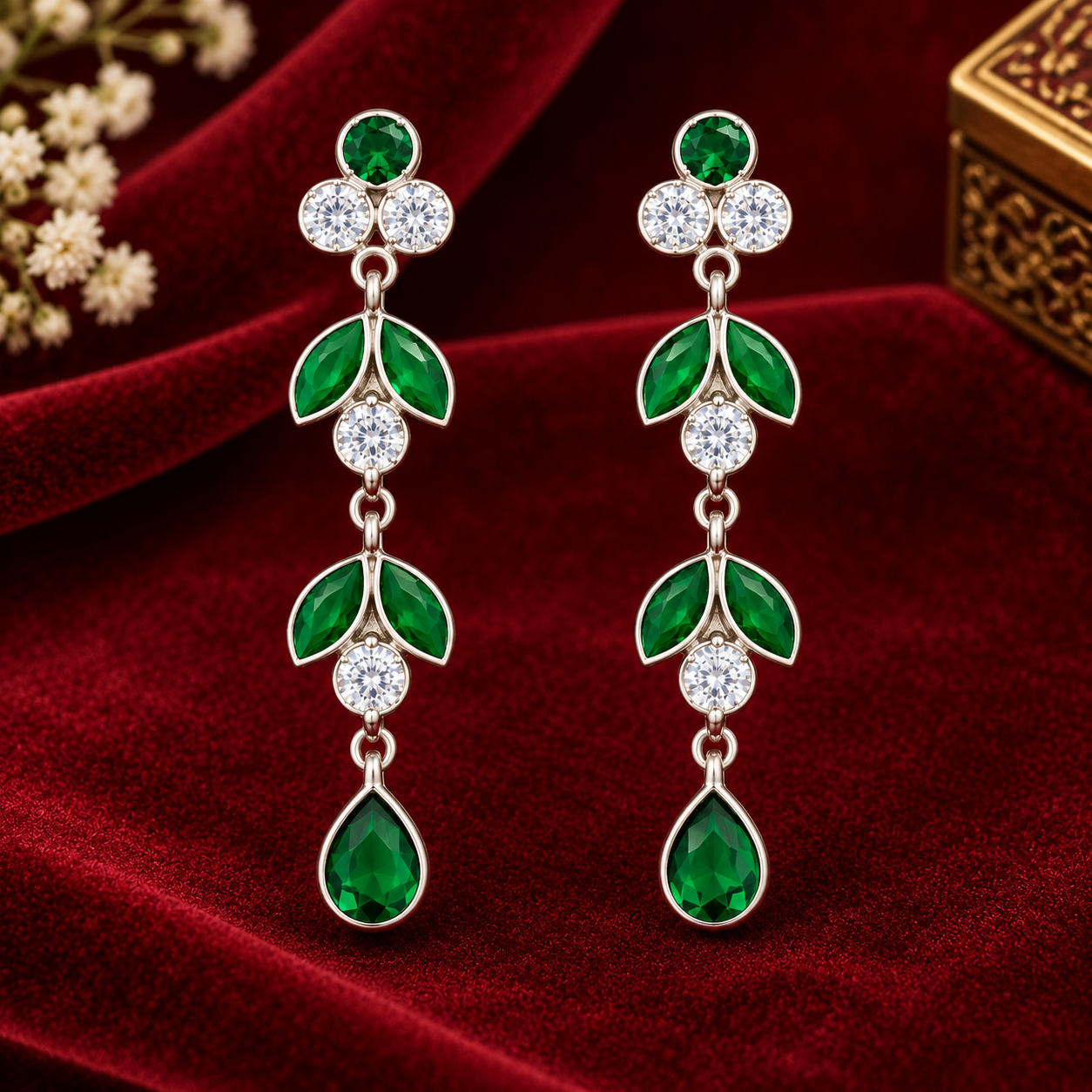 Nakoda Jewellers Elegant Green Leaf Drop Earrings with Stone Detailing - Image 3