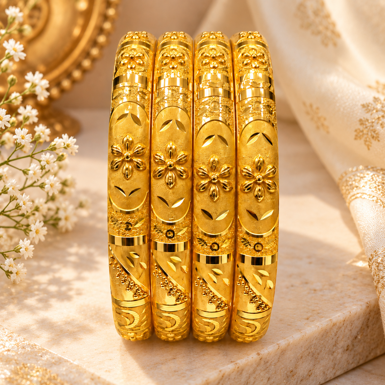 Nakoda Jewellers Floral Engraved Gold Bangles Set - Image 2