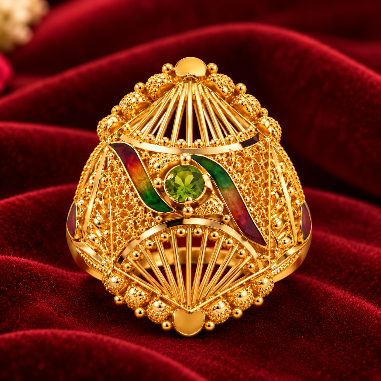 Nakoda Jewellers Traditional Floral Filigree Gold Ring with Red & Green Accents - Image 2