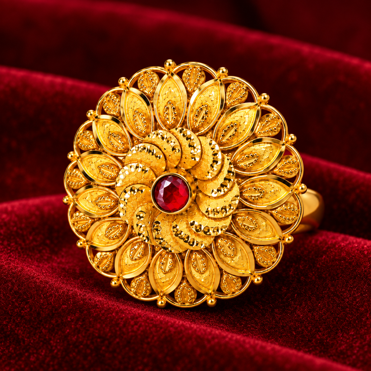 Nakoda Jewellers Traditional Floral Gold Ring with Red Stone Centre - Image 2