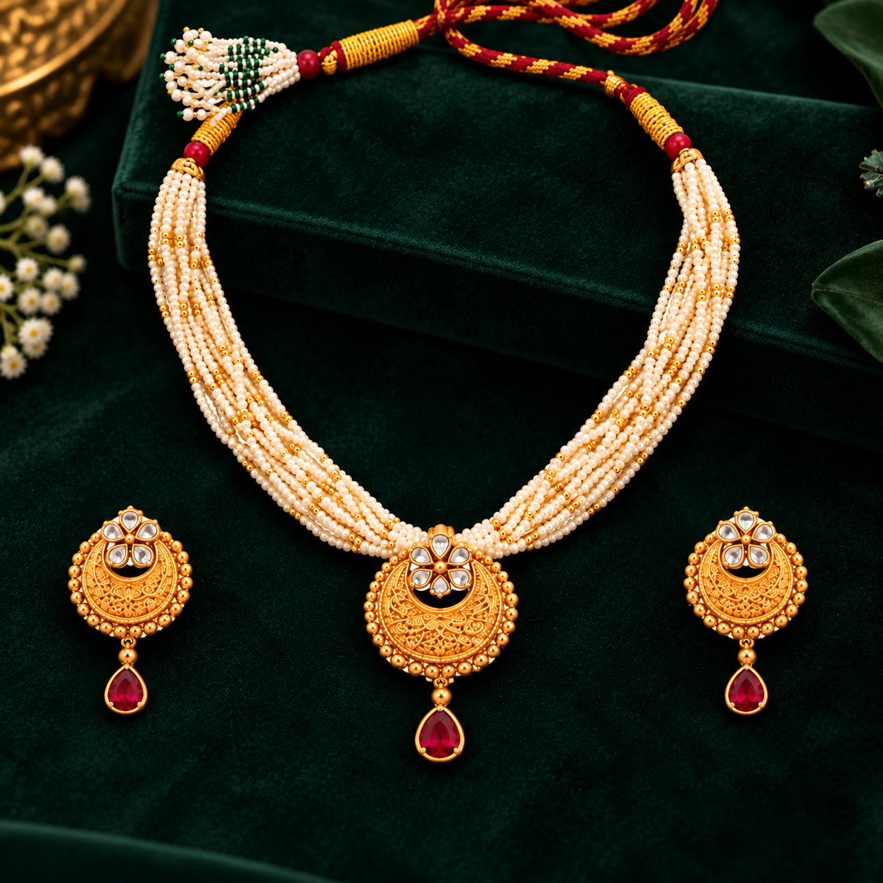 Nakoda Jewellers Traditional White Beaded Gold Pendant Necklace Set with Red Stone Detailing - Image 3