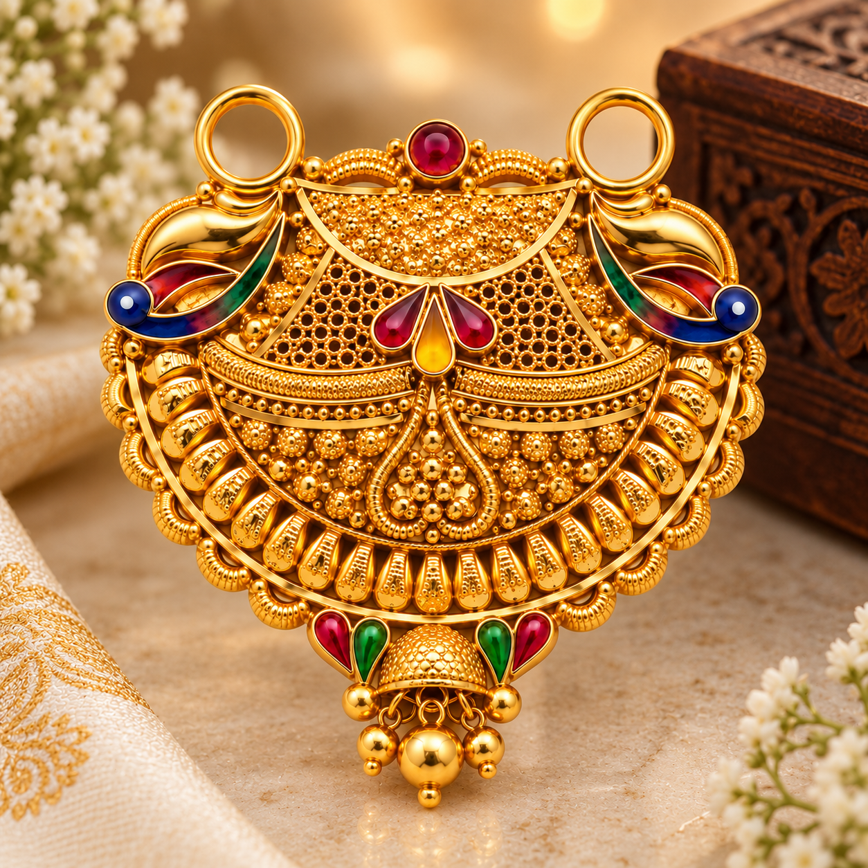 Nakoda Jewellers Peacock & Floral Multicolour Gold Pendant - Image 3