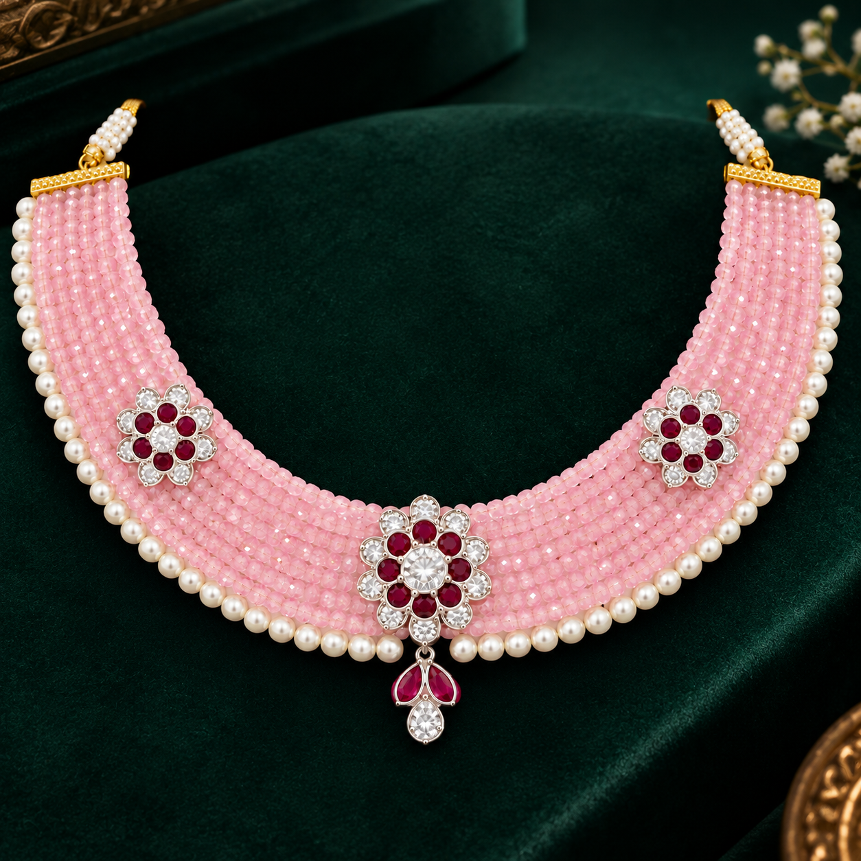 Nakoda Jewellers Pink Beaded Floral Necklace - Image 3