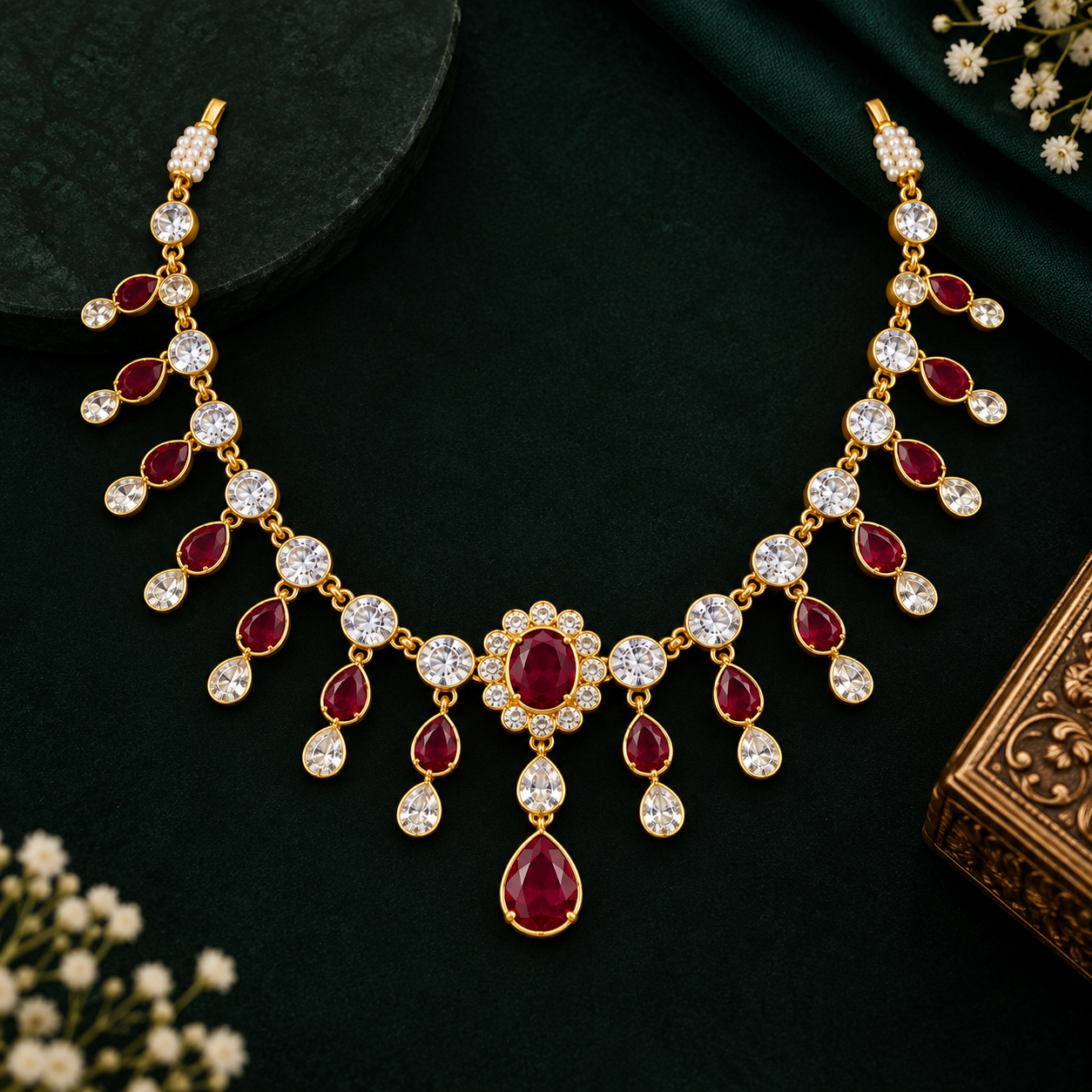 Nakoda Jewellers Maroon & Crystal Floral Necklace - Image 3