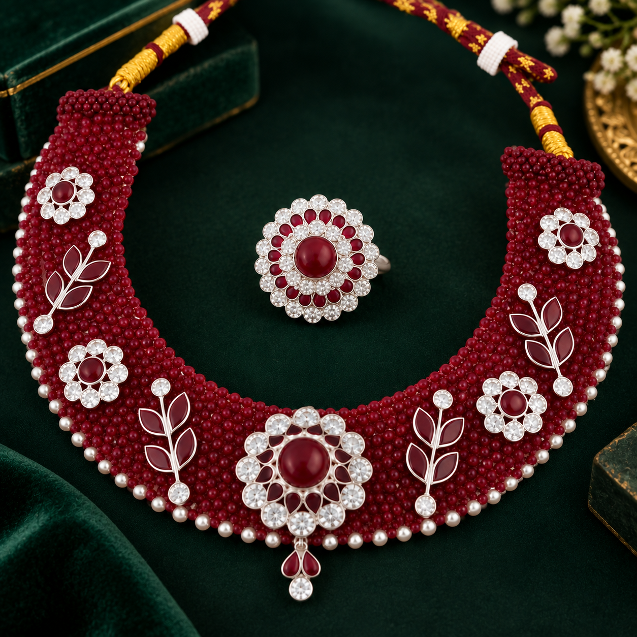 Nakoda Jewellers Maroon Beaded Floral & Leaf Statement Necklace with Matching Finger Ring Set - Image 3