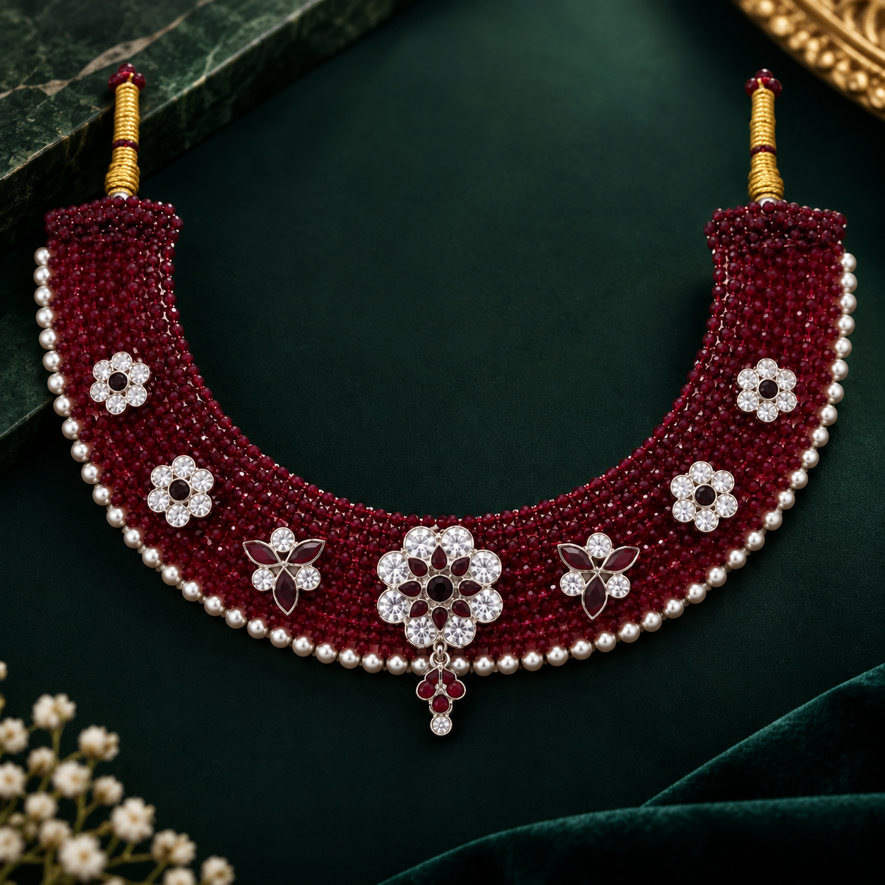 Nakoda Jewellers Maroon Beaded Floral & Leaf Statement Necklace - Image 3