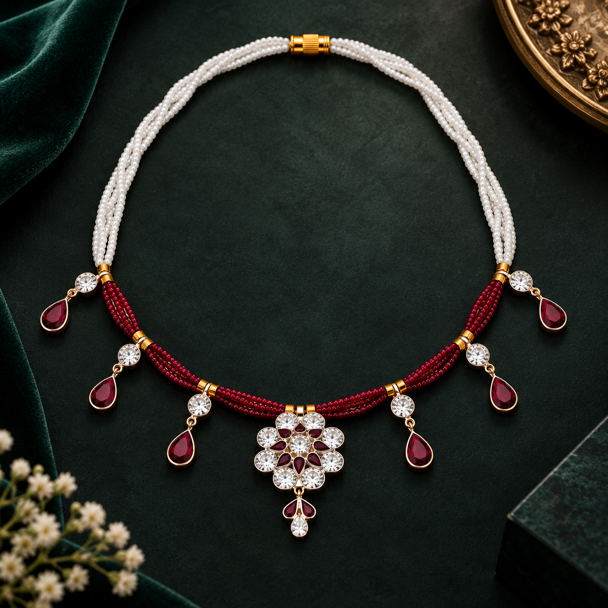 Nakoda Jewellers Maroon & White Beaded Floral Drop Necklace - Image 3