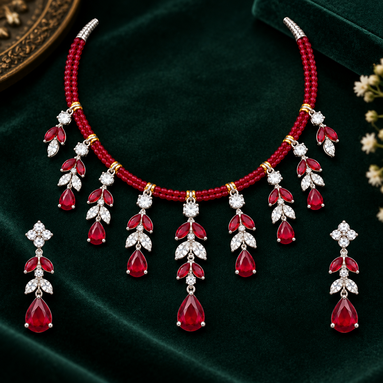 Nakoda Jewellers Elegant Red Beaded Leaf Drop Necklace Set with Stone Detailing - Image 3