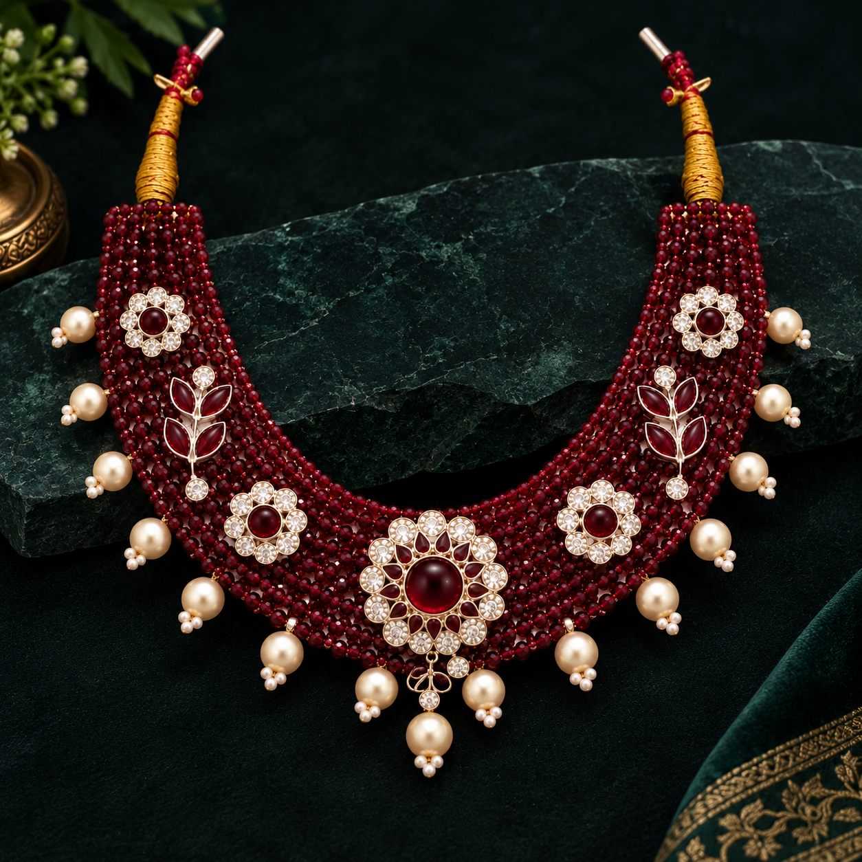 Nakoda Jewellers Royal Maroon Beaded Floral Necklace Set with Stone & Pearl Detailing - Image 3