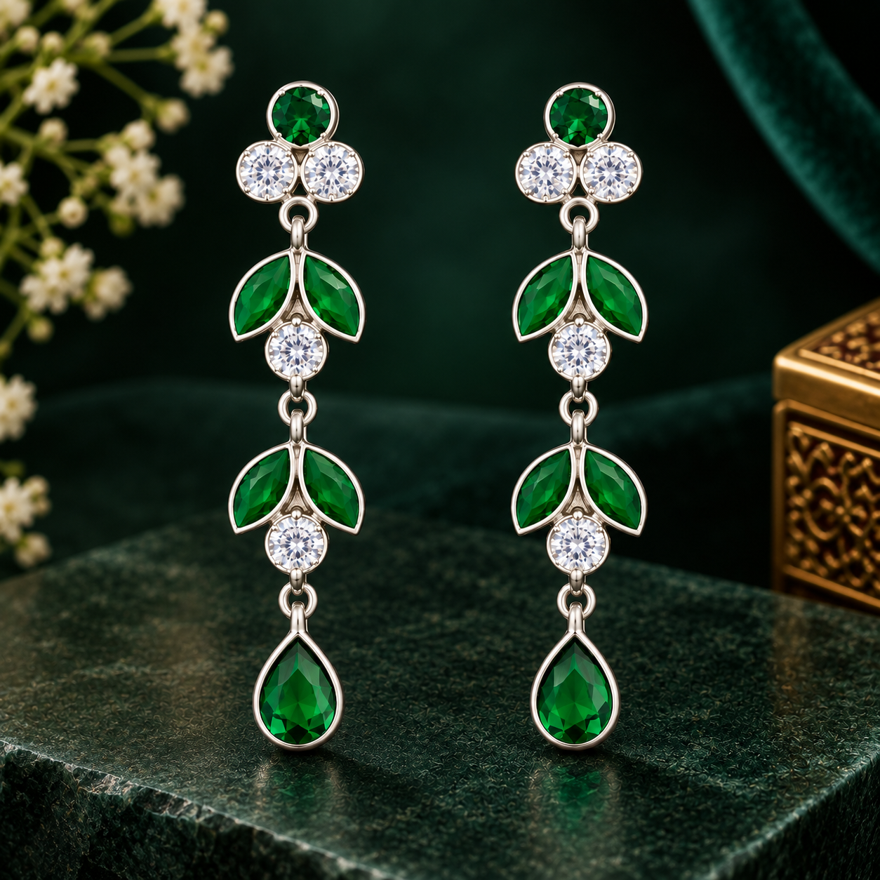 Nakoda Jewellers Elegant Green Leaf Drop Earrings with Stone Detailing - Image 4