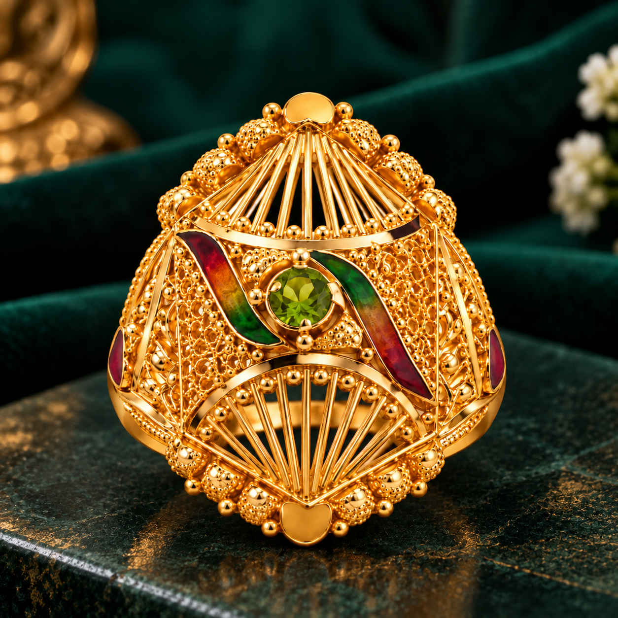Nakoda Jewellers Traditional Floral Filigree Gold Ring with Red & Green Accents - Image 3