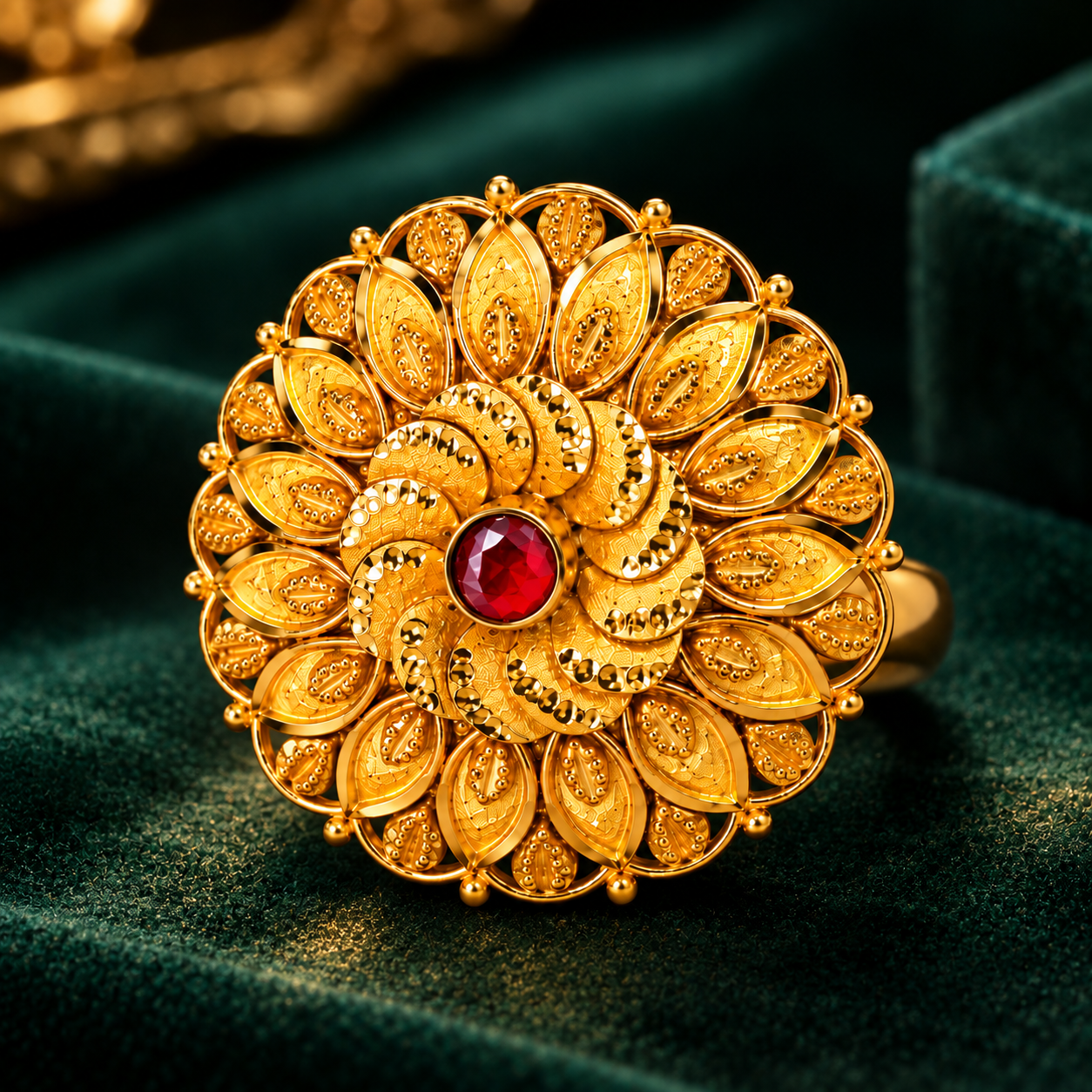 Nakoda Jewellers Traditional Floral Gold Ring with Red Stone Centre - Image 3