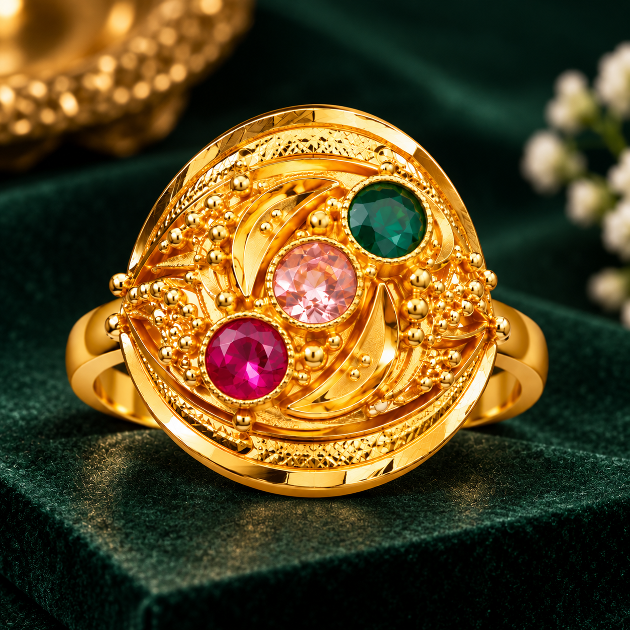Nakoda Jewellers Traditional Circular Floral Gold Ring with Multicolour Stone Detailing - Image 3