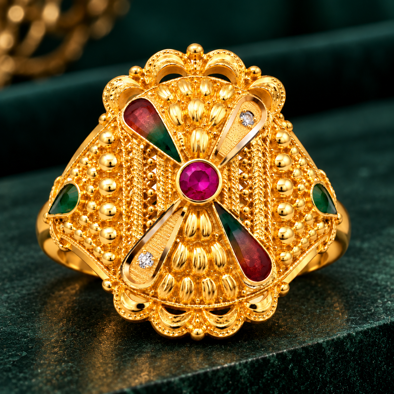 Nakoda Jewellers Traditional Floral Filigree Gold Ring with Multi-Coloured Centre & Multicolour Stones - Image 3