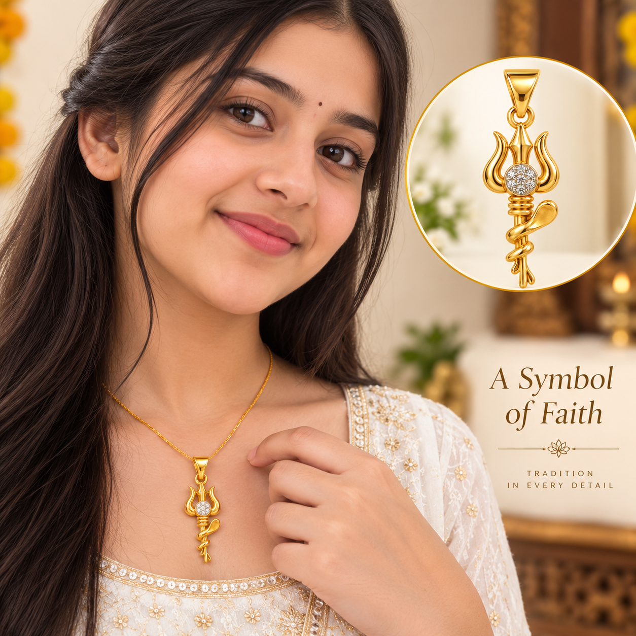 Nakoda Jewellers 18K Gold Trishul Locket with Diamond-Look Center - Image 5