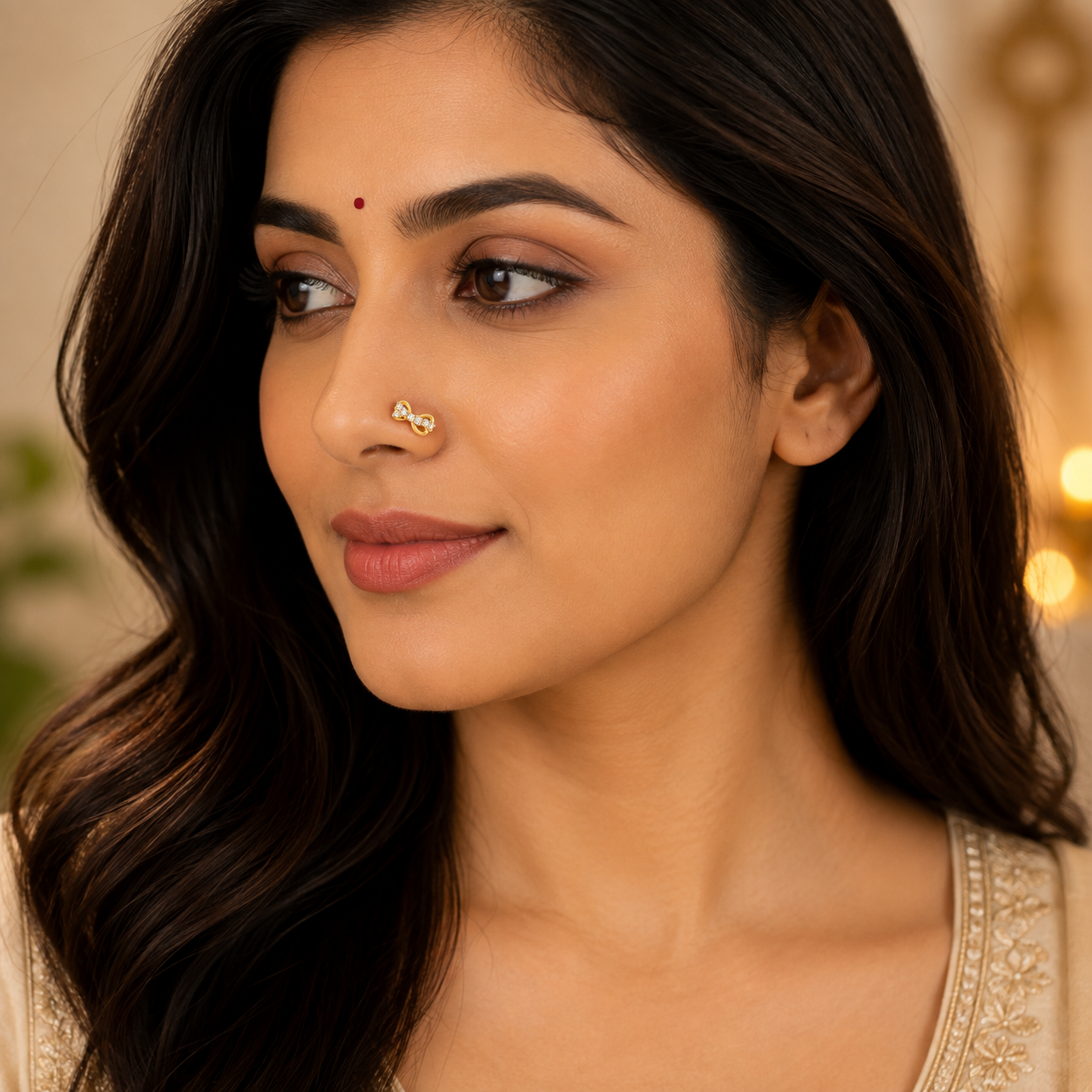 Nakoda Jewellers Diamond Bow-Motif Gold Nose Ring - Image 5
