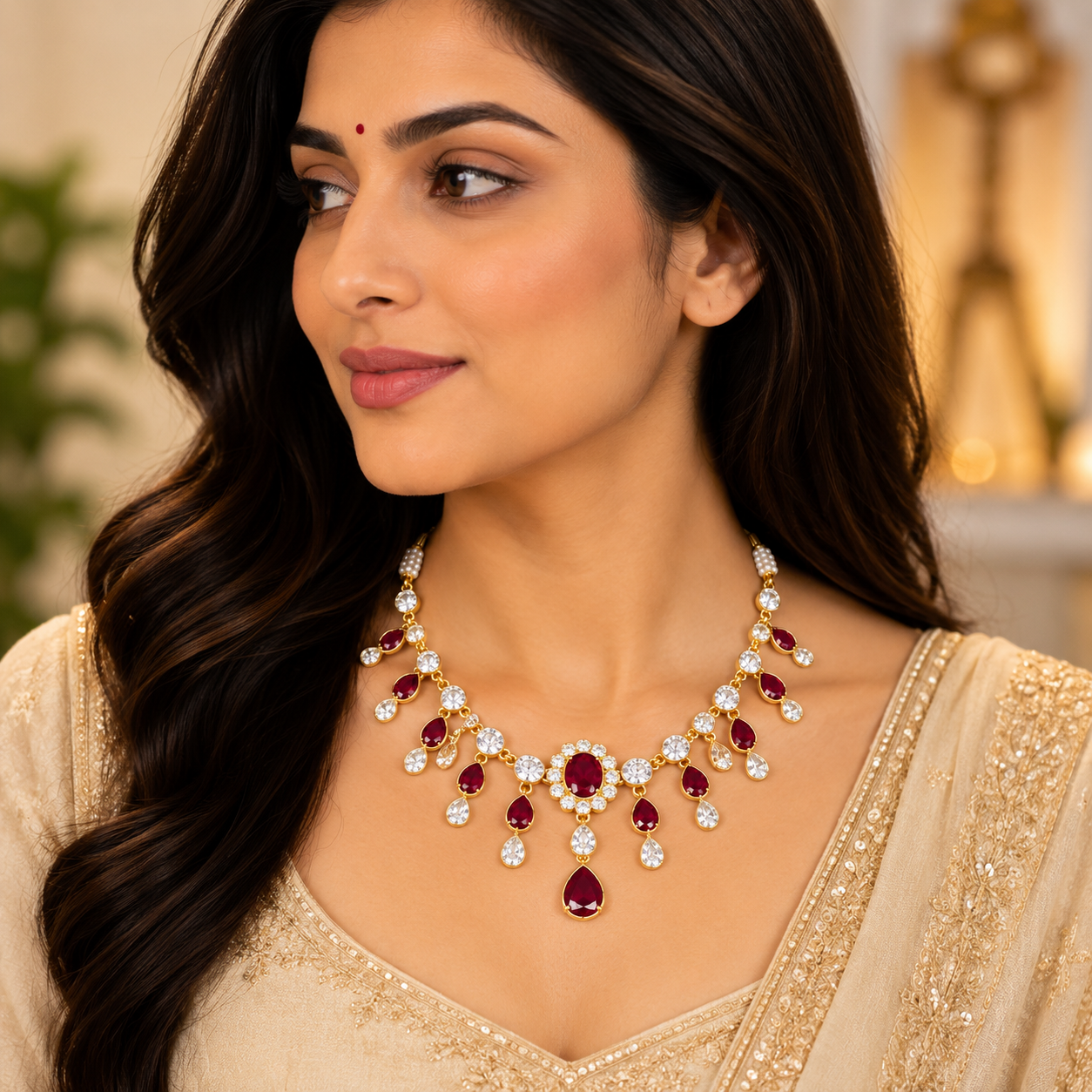 Nakoda Jewellers Maroon & Crystal Floral Necklace - Image 4