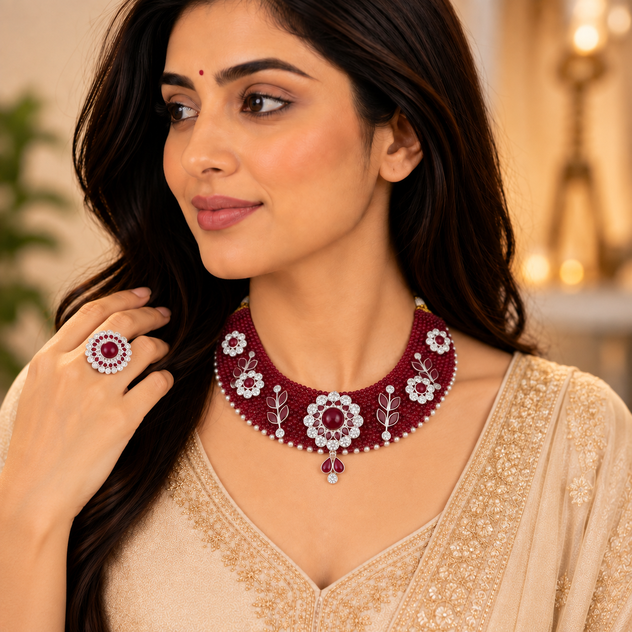 Nakoda Jewellers Maroon Beaded Floral & Leaf Statement Necklace with Matching Finger Ring Set - Image 4