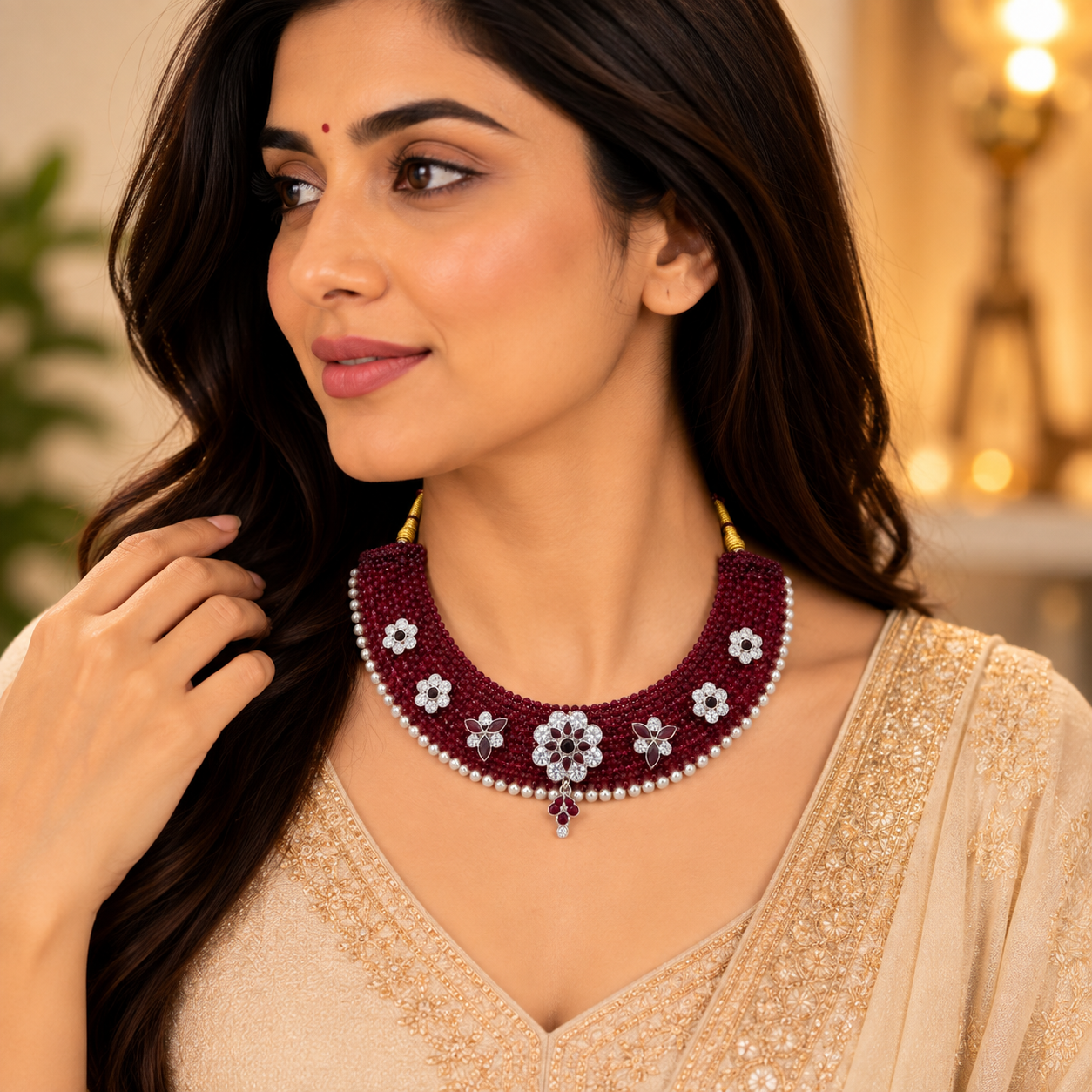 Nakoda Jewellers Maroon Beaded Floral & Leaf Statement Necklace - Image 4