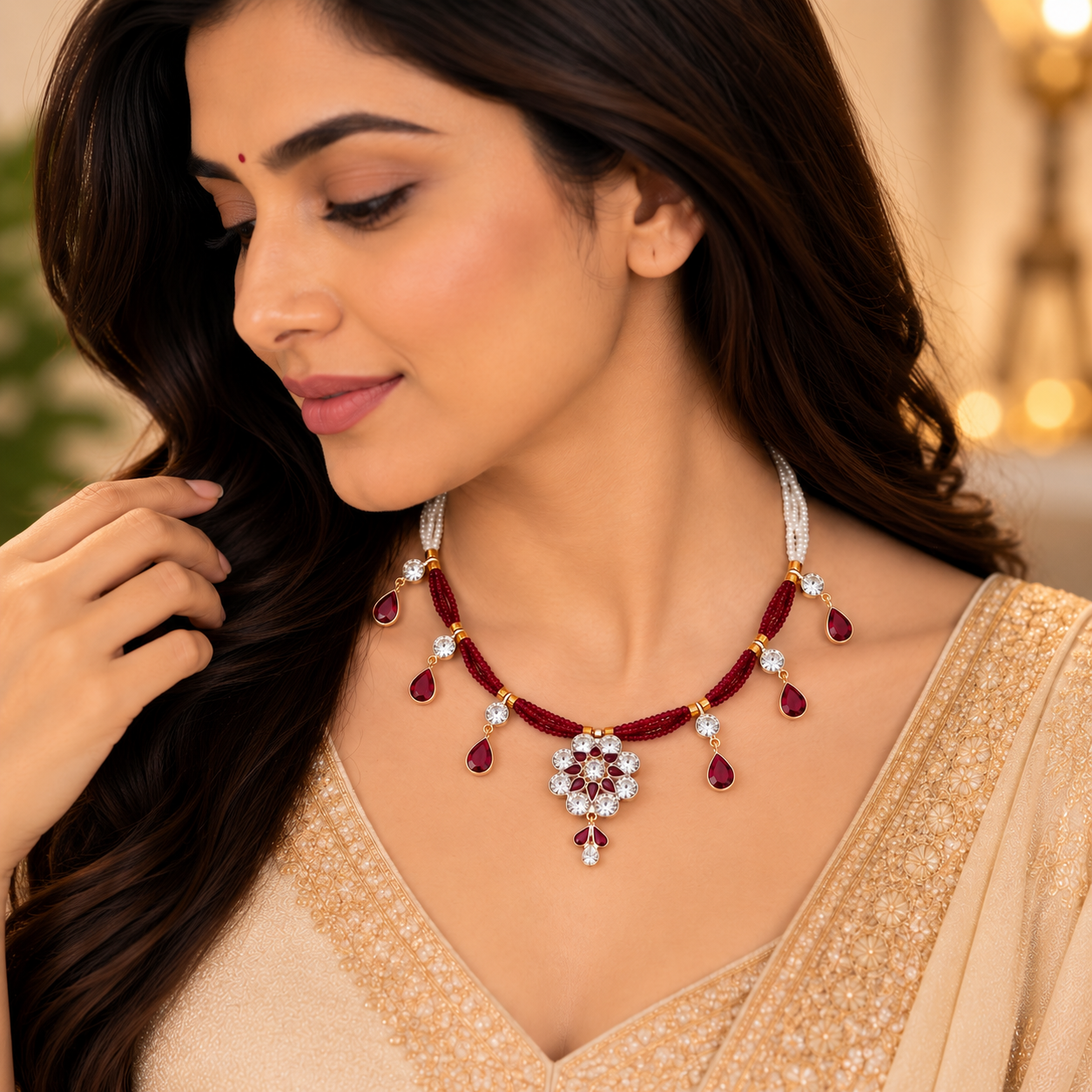 Nakoda Jewellers Maroon & White Beaded Floral Drop Necklace - Image 4