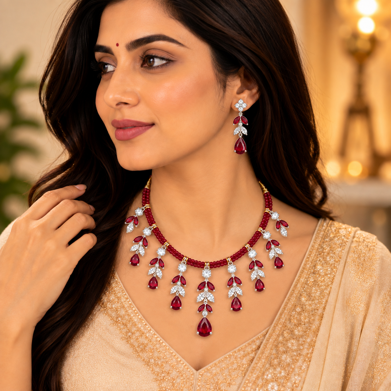 Nakoda Jewellers Elegant Red Beaded Leaf Drop Necklace Set with Stone Detailing - Image 4
