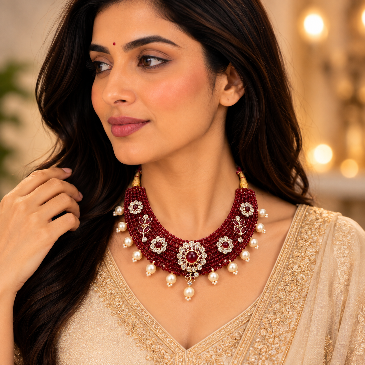 Nakoda Jewellers Royal Maroon Beaded Floral Necklace Set with Stone & Pearl Detailing - Image 4