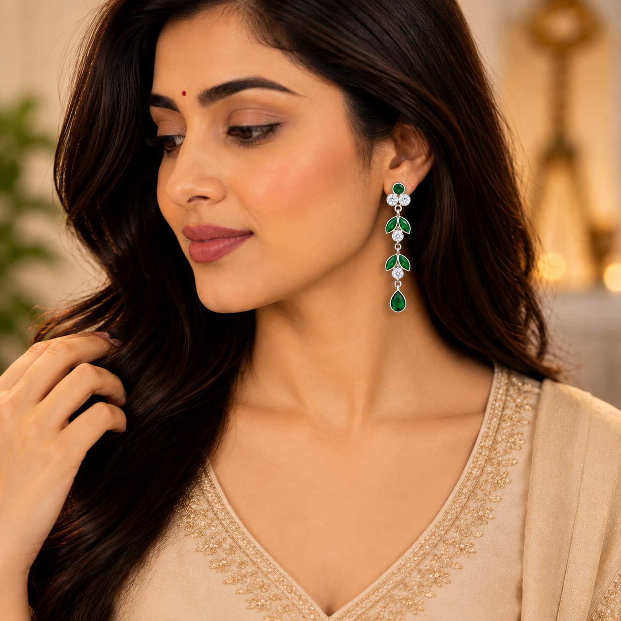 Nakoda Jewellers Elegant Green Leaf Drop Earrings with Stone Detailing - Image 5