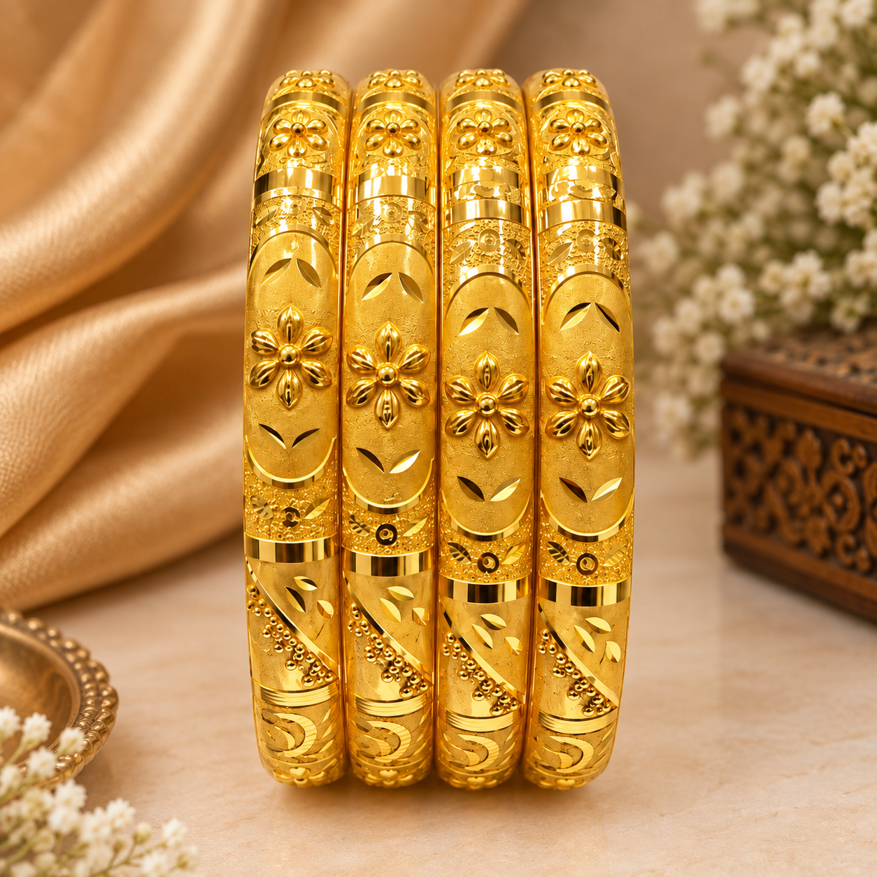 Nakoda Jewellers Floral Engraved Gold Bangles Set - Image 3
