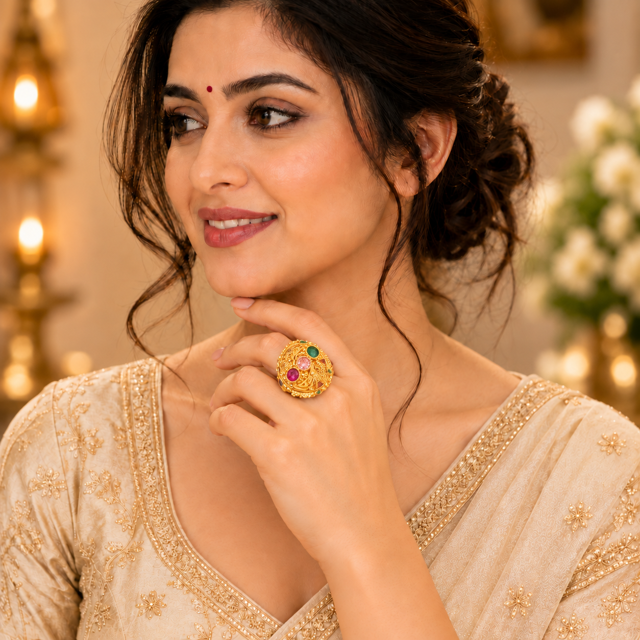 Nakoda Jewellers Traditional Circular Floral Gold Ring with Multicolour Stone Detailing - Image 4