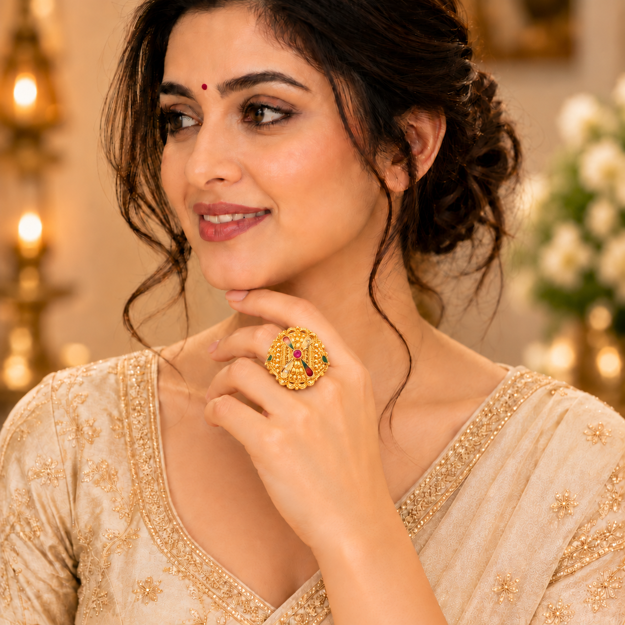 Nakoda Jewellers Traditional Floral Filigree Gold Ring with Multi-Coloured Centre & Multicolour Stones - Image 4