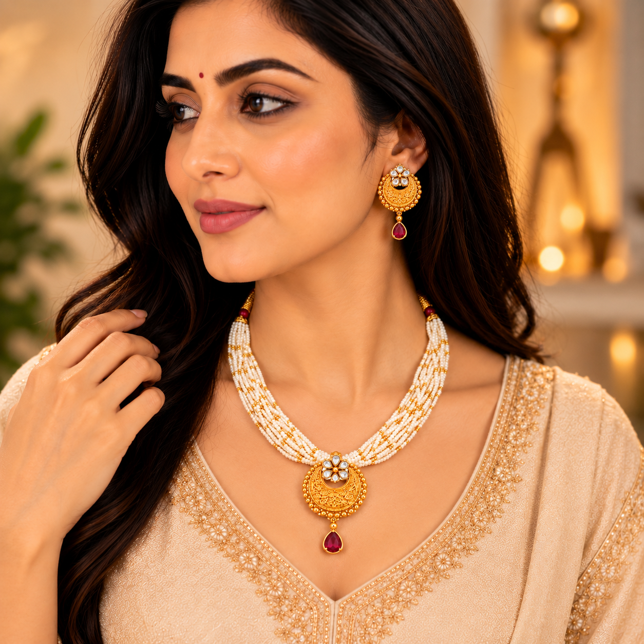 Nakoda Jewellers Traditional White Beaded Gold Pendant Necklace Set with Red Stone Detailing - Image 4