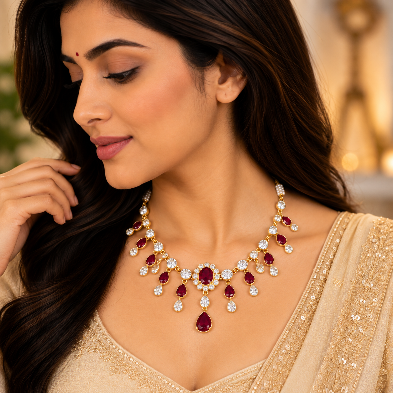 Nakoda Jewellers Maroon & Crystal Floral Necklace - Image 5