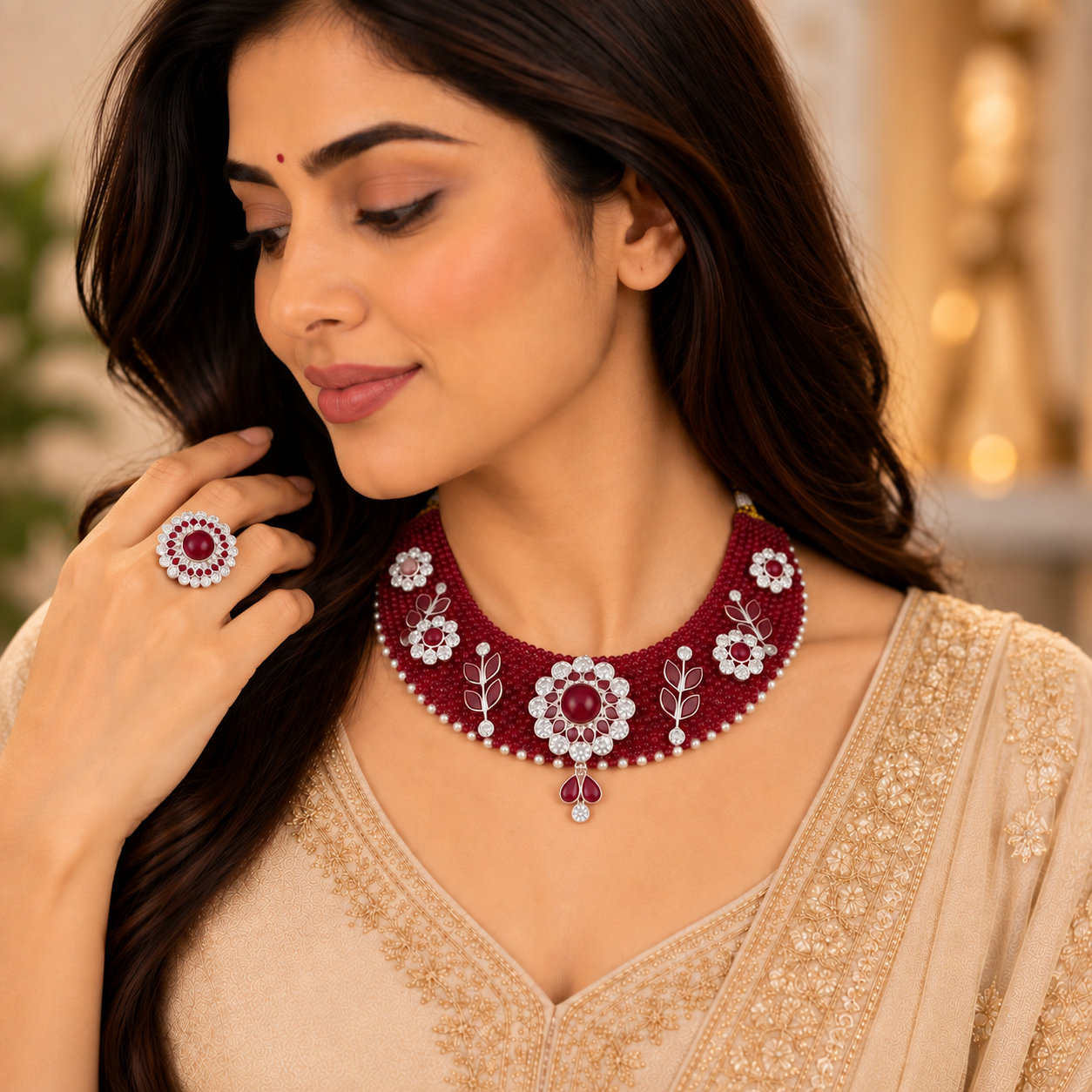 Nakoda Jewellers Maroon Beaded Floral & Leaf Statement Necklace with Matching Finger Ring Set - Image 5