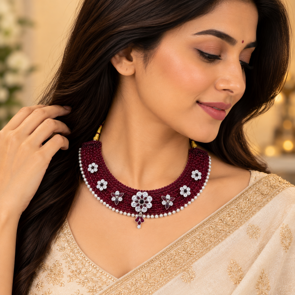 Nakoda Jewellers Maroon Beaded Floral & Leaf Statement Necklace - Image 5
