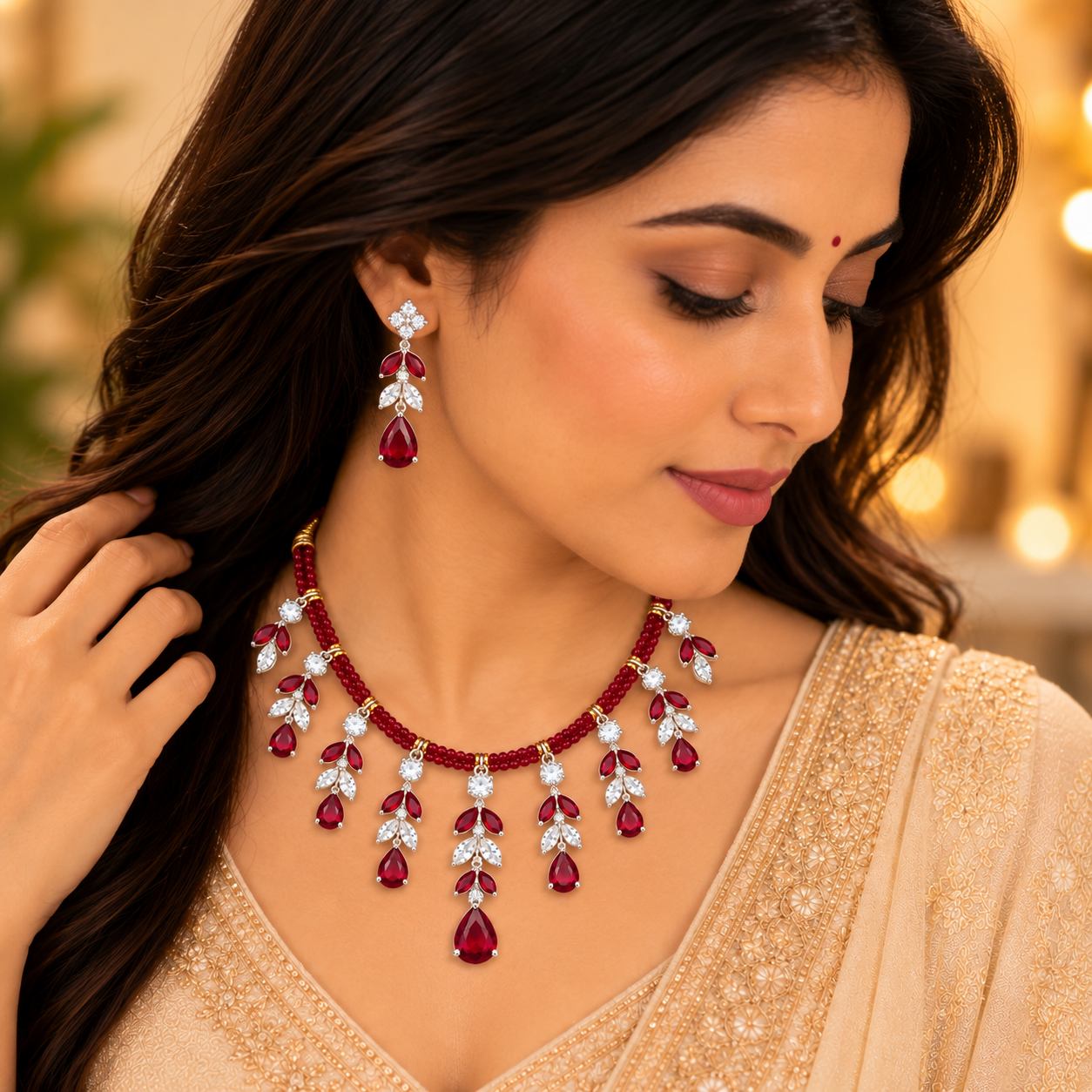 Nakoda Jewellers Elegant Red Beaded Leaf Drop Necklace Set with Stone Detailing - Image 5