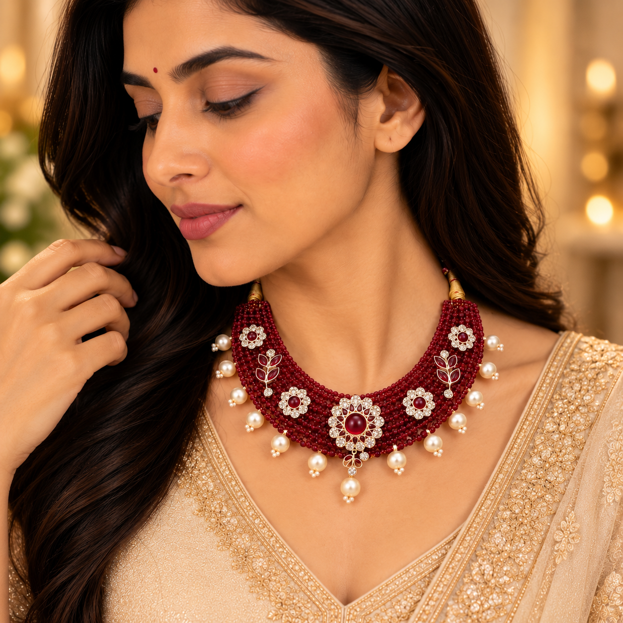 Nakoda Jewellers Royal Maroon Beaded Floral Necklace Set with Stone & Pearl Detailing - Image 5