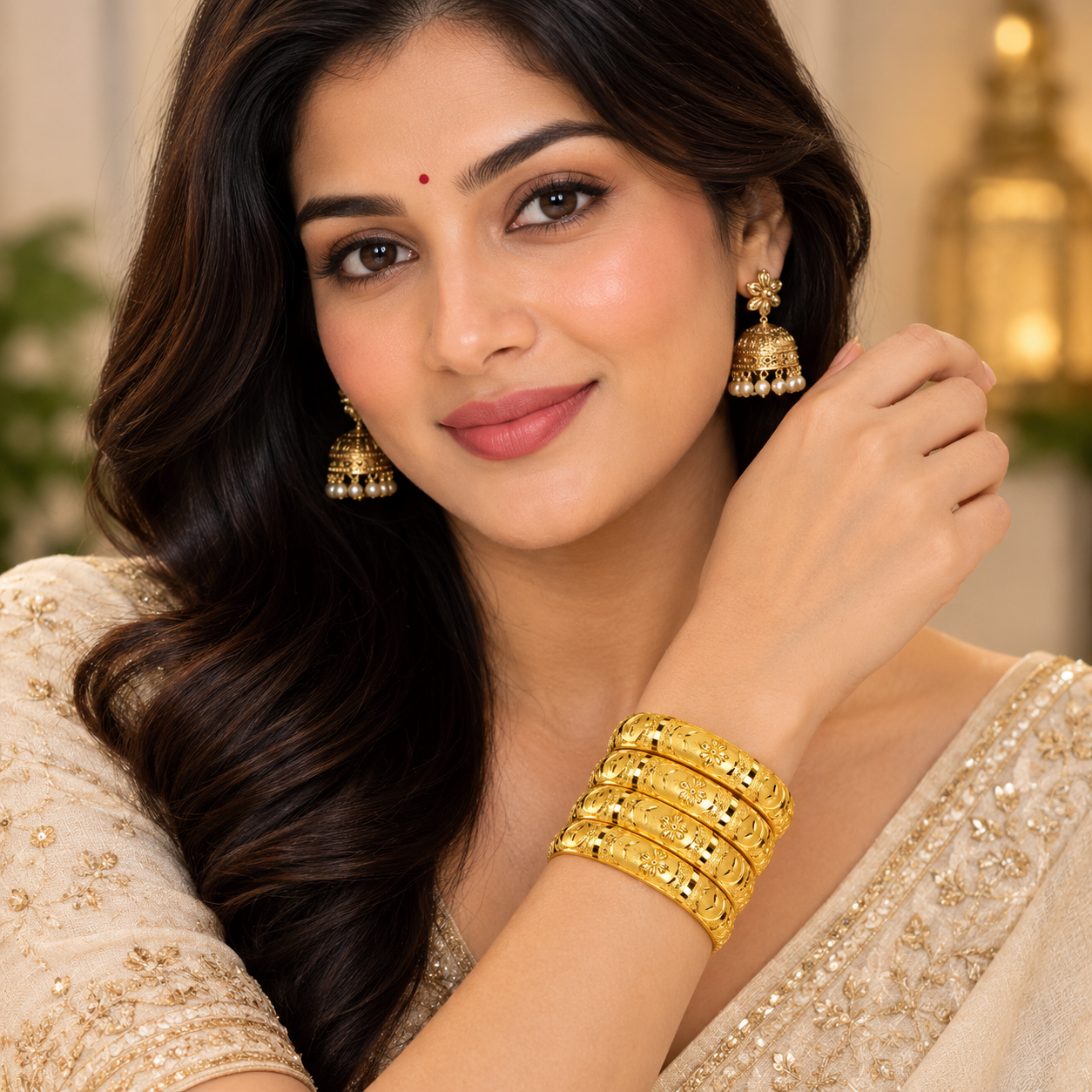 Nakoda Jewellers Floral Engraved Gold Bangles Set - Image 4
