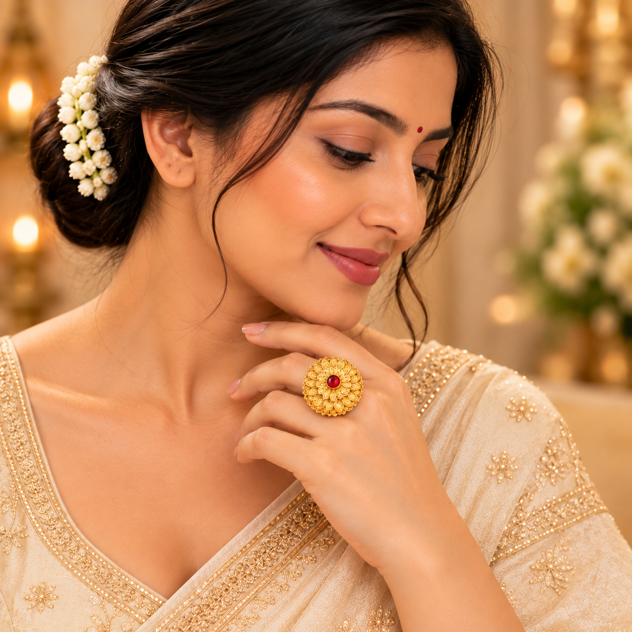 Nakoda Jewellers Traditional Floral Gold Ring with Red Stone Centre - Image 5
