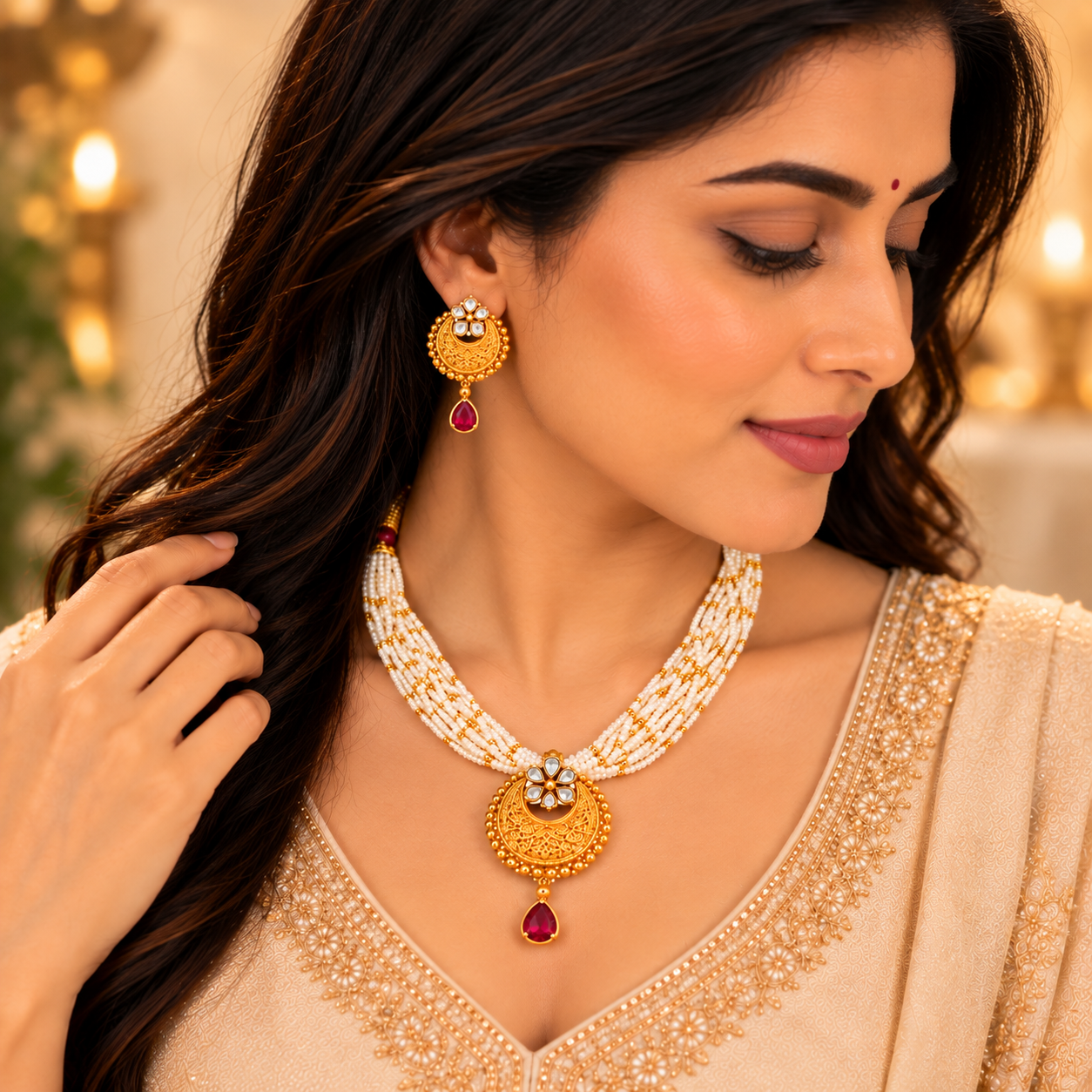 Nakoda Jewellers Traditional White Beaded Gold Pendant Necklace Set with Red Stone Detailing - Image 5