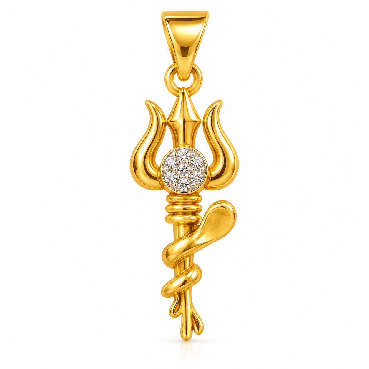 Nakoda Jewellers 18K Gold Trishul Locket with Diamond-Look Center